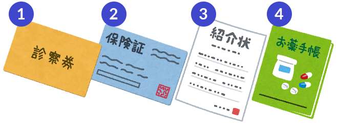 1.診察券 2.保険証 3.紹介状 4.おくすり手帳