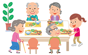 食事をとるお年寄りたちのイラスト