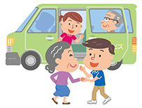職員がお年寄りを車に案内しているイラスト